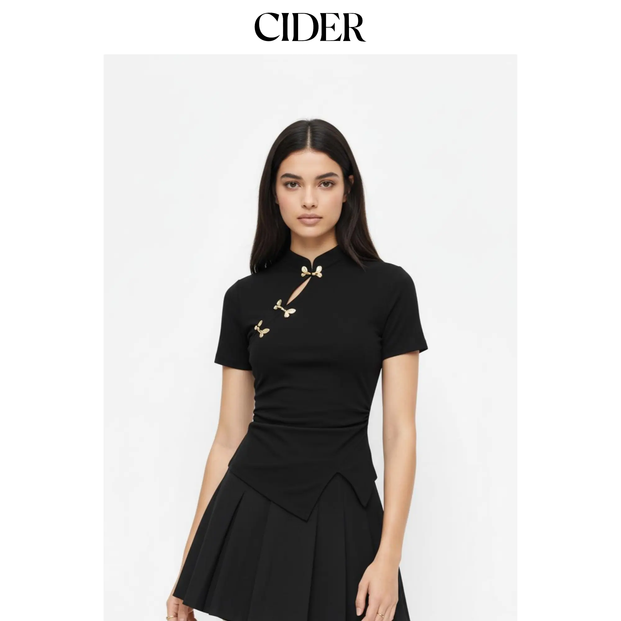 Cider Women's Mandarin Collar Ruched Split Detail Casual T-Shirt - Long-Sleeve/Basic Short-Sleeve Jersey Elastane Top, Tshirt