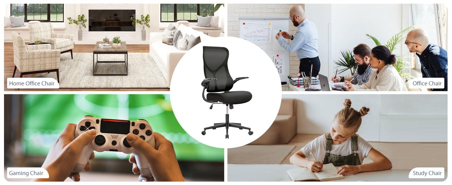 Furnest Indoor Furniture Chairs High Back Office Chair - Ergonomic Computer Gaming Chair, Comfy Mesh with Soft Flip Up Arms, Adjustable Height and 360° Wheels, 120° Tilt