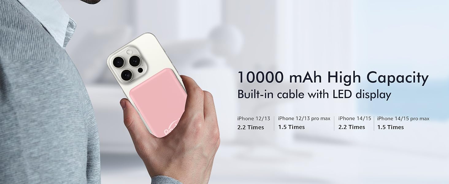 Podoru for MagSafe Battery Pack, 10000mAh Power Bank Built-in USB-C Lighting Cables Wireless Magnetic Portable Charger for iPhone 17/16/15/14/13/12Series
