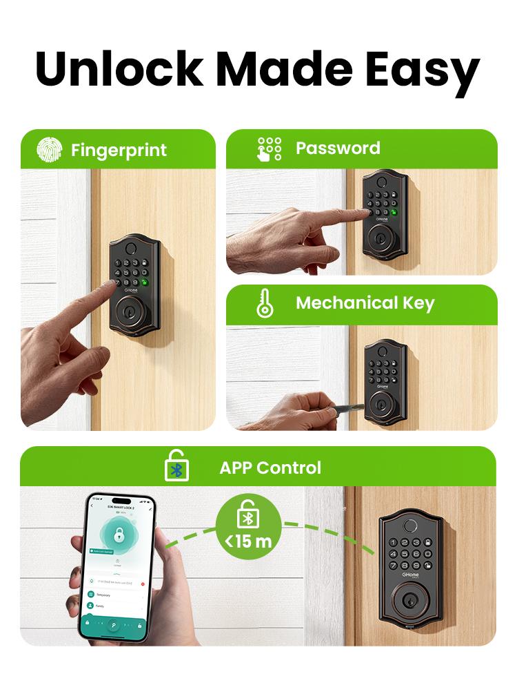 GHome Smart Fingerprint Door Lock, 4-in-1 Keyless Entry Deadbolt, App-Assisted Control, 6-Month Battery Life  KD30
