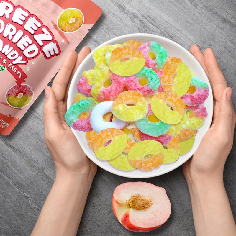 Amos Freeze Dried Gummy Rings, Banana, Skittles & Worms -Premium Tasty Fat-Free Gluten-Free Perfume Bonbon Sweet Snack Strawberry