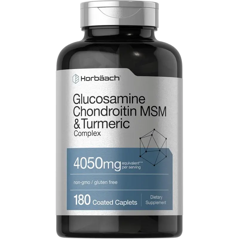 Horbäach Glucosamine Chondroitin with Turmeric & MSM | 4050 mg | 180 Caplets | Triple Strength Formula | Non-GMO, Gluten Free