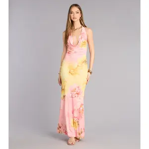 Sunset Garden Floral Cowl Neck Maxi Dress