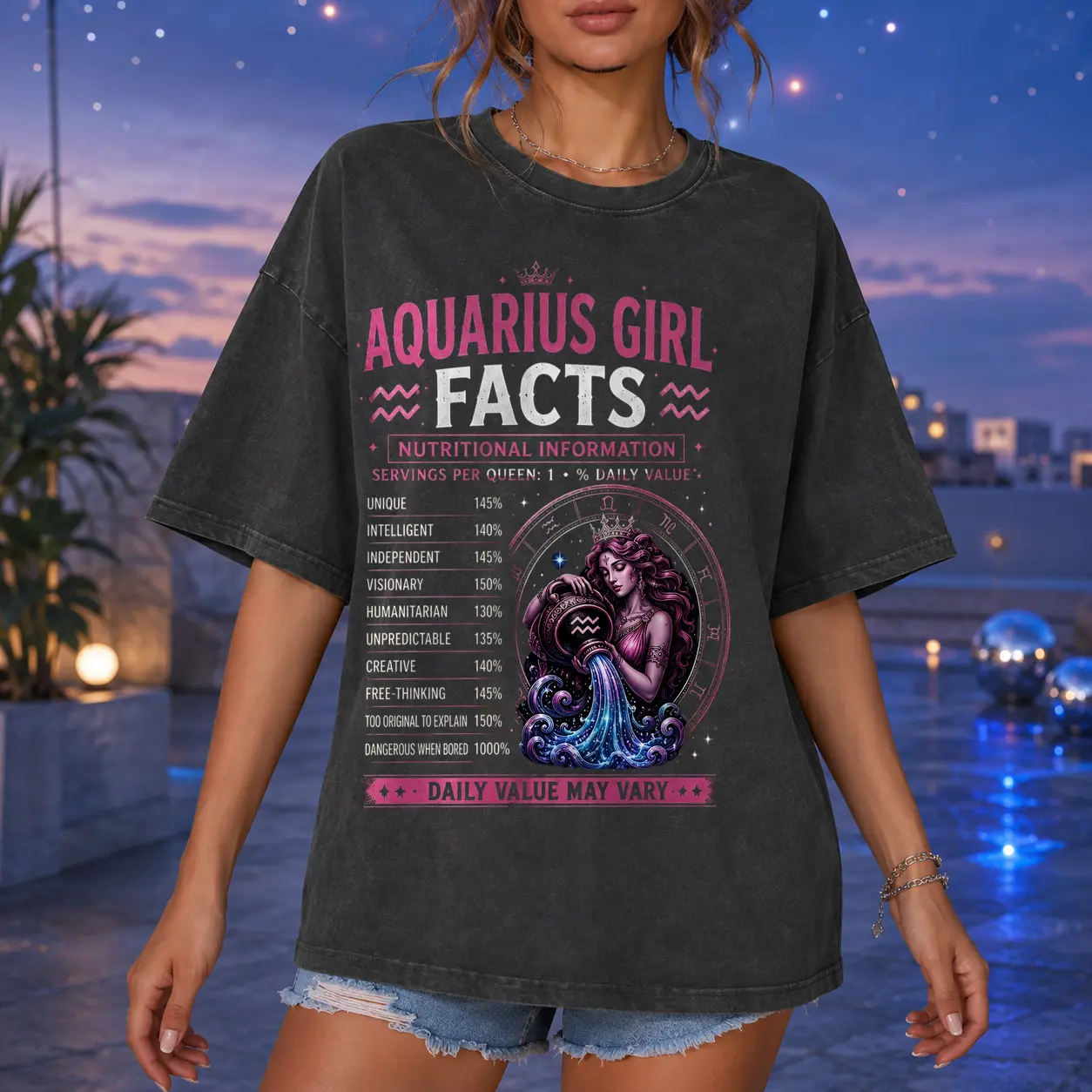 Women's Vintage Washed Zodiac Graphic Cotton T-Shirt - Unisex Casual Oversized Short-Sleeve Top with Muppet, Bowknot, Heart, Padres