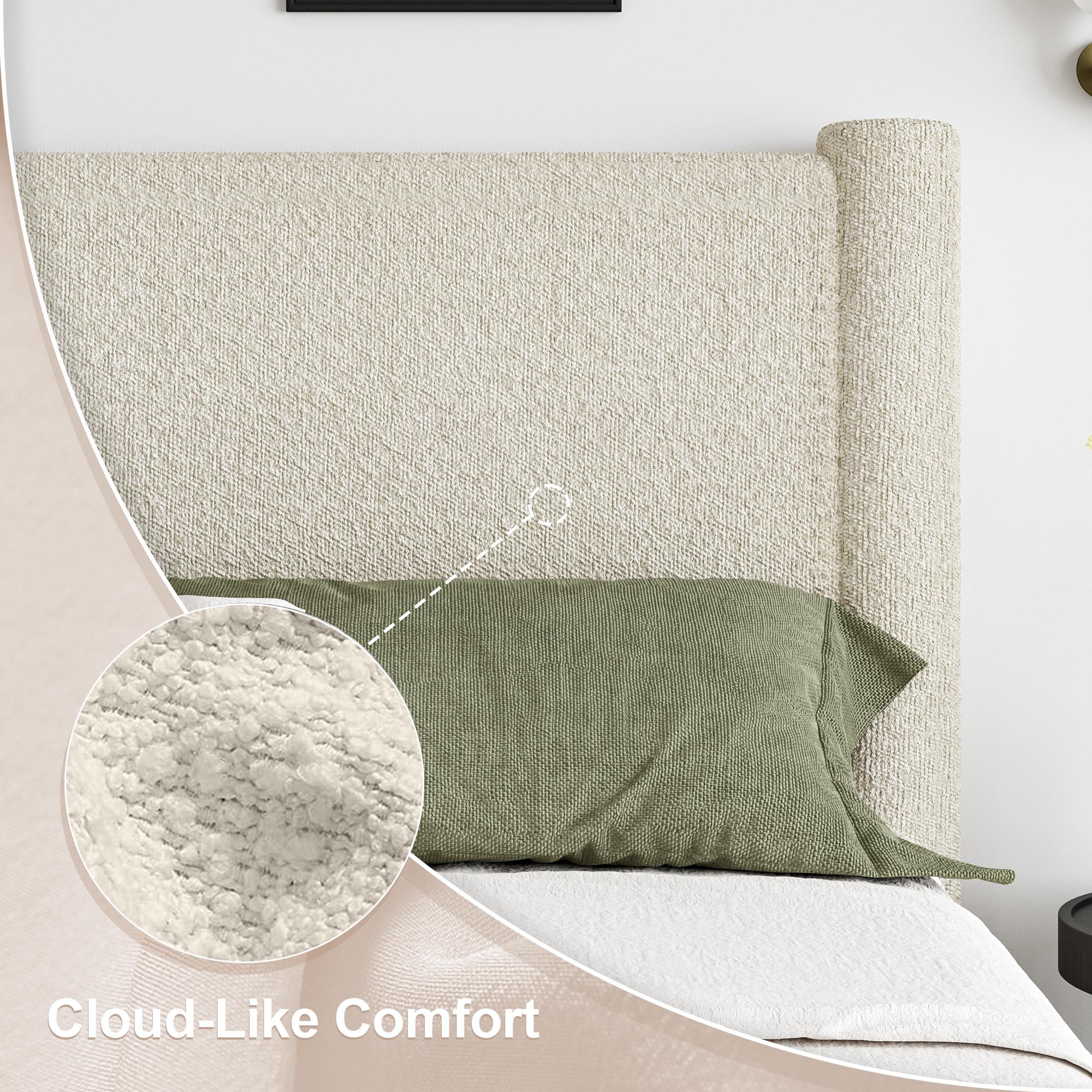 HOMBCK Soft Bed Frame, No Mattress, Boucle Bed Frame with Headborad, Upholstered Platform Bed Frame with Rounded Corners, No Box Spring Required