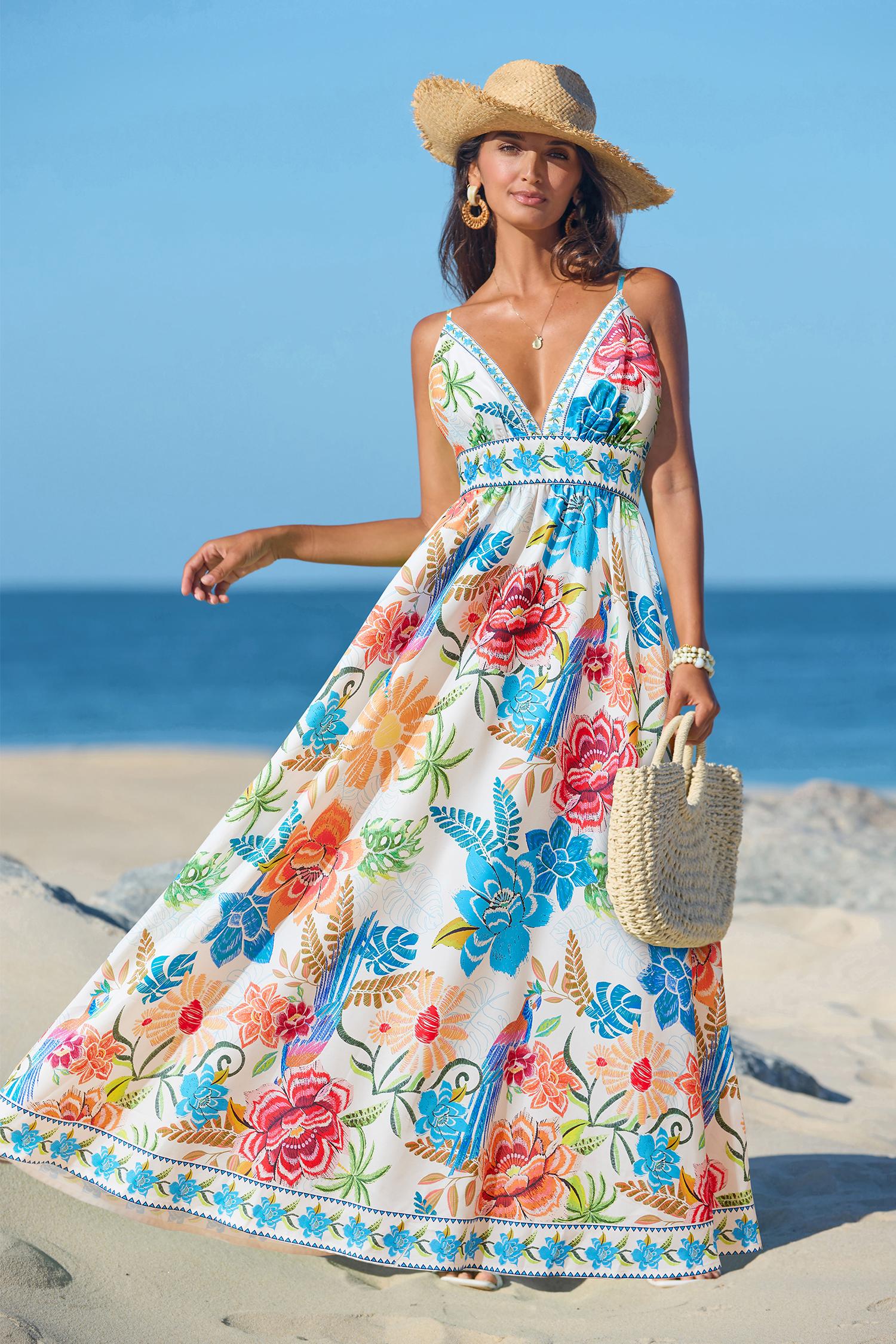 CUPSHE Vibrant Oasis Tropical Maxi Dress with Square Neckline Sleeveless Floral Print Back Zip Closure Boho Beach Bohemian Outfit for Women - Yellow birthday outfit SpringStatements