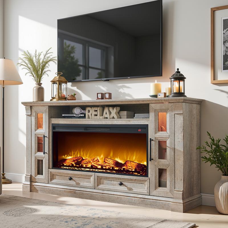 OKD 70" Wall-Mounted Rustic TV Stand – 42" Electric Fireplace, 2 Glass Cabinets & 2 Drawers, Open Shelves, Farmhouse Entertainment Center / Media Console for Living Room