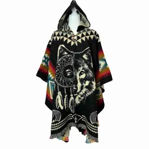 Unisex Alpaca Hooded Poncho Cape with Moon and Spirit Wolf Designs
