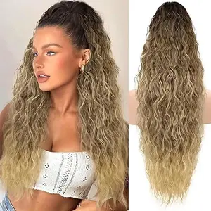 26 Inch Long Ombre Brown Mix Blonde Drawstring Ponytail Extension for Women Synthetic Long Curly Wavy Clip in Ponytail Hair Extensions for Daily Party Use