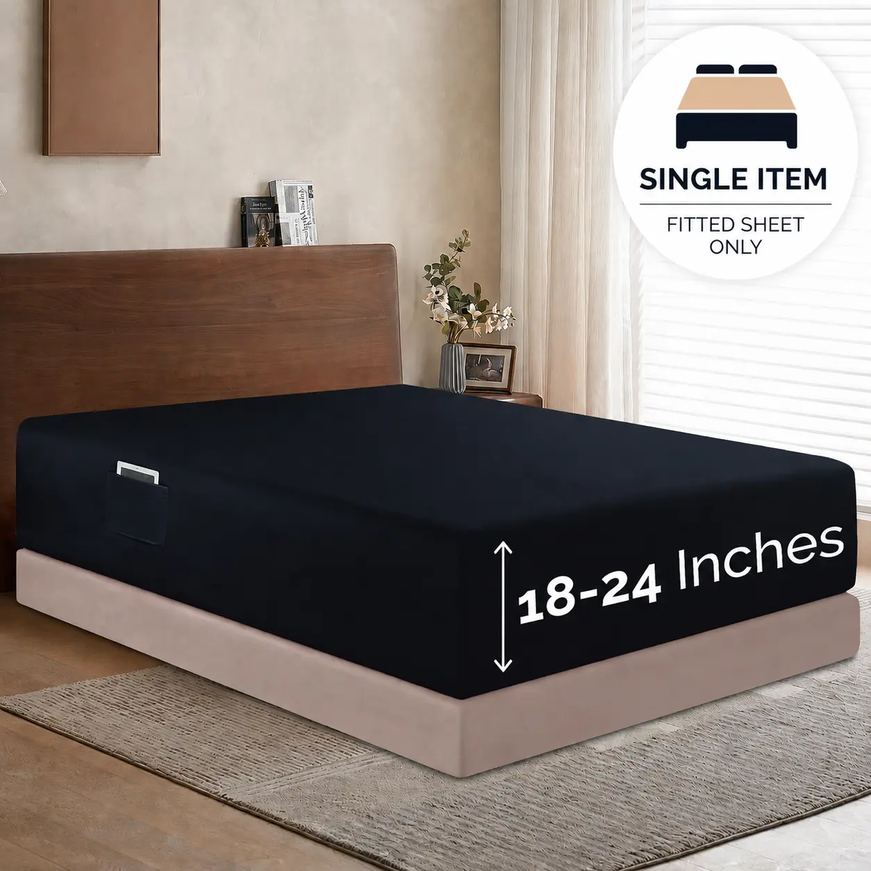 Mocassi Luxury 1-Piece Microfiber Fitted Sheet for High Beds, 18-24in Extra Deep Pocket, Soft Breathable Hotel Bedding, Silky Moody Shades, Machine Washable, Soft Breathable Sheet