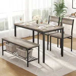 Sweetcrispy 4-Piece Dining Table Set for 4, Kitchen Table and Chairs with Storage Bench & Shelf, Industrial Dining Set with Iron Frame for Small Spaces, Scratch-Resistant Easy-Clean Tabletop, 250LBS Capacity