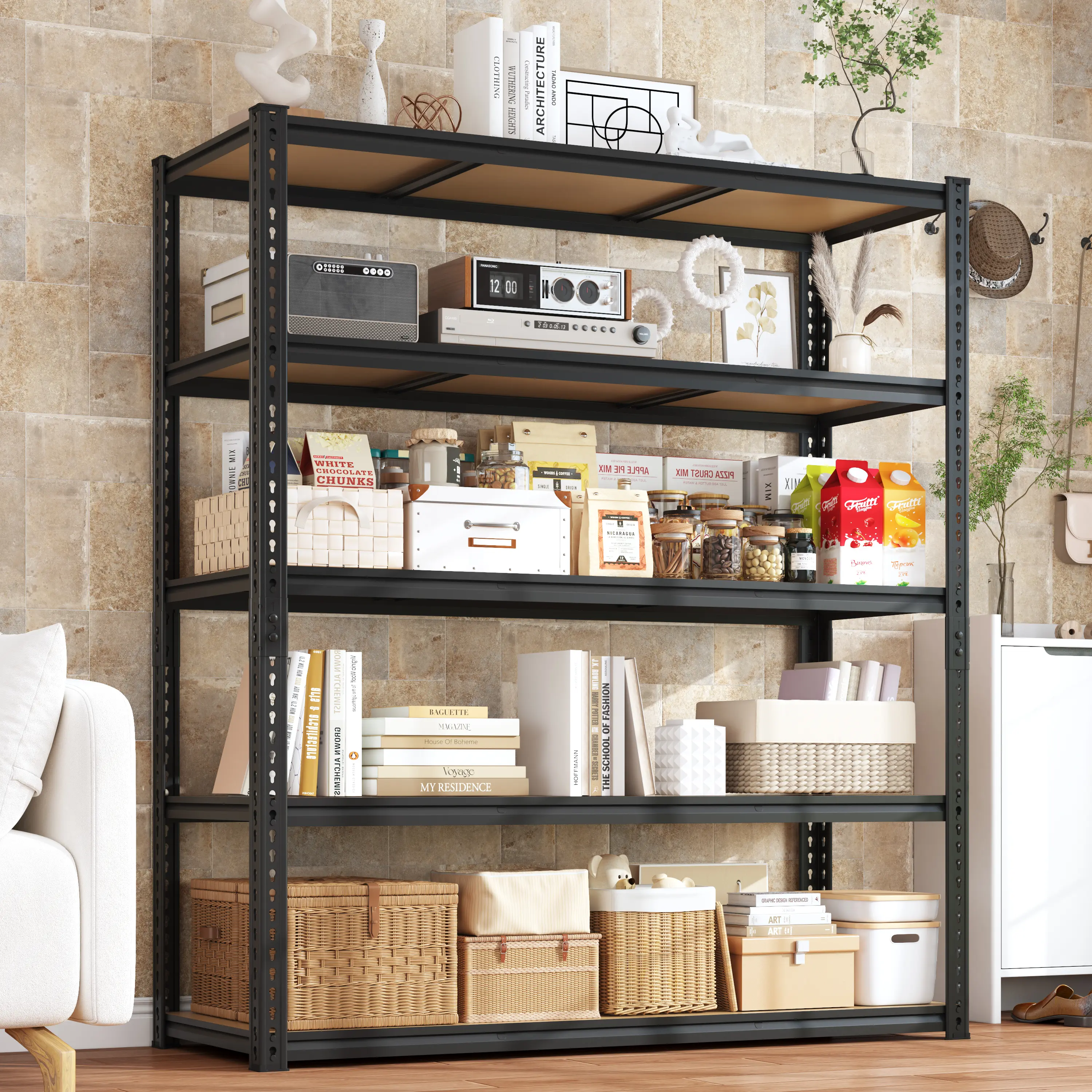 72-in Industrial-Grade Heavy-Duty Iron Garage Racks - 5-Layer Adjustable Height Storage, Multi-Size Standalone House Organizers, 700 lbs Per Layer Capacity, Ideal for Garage, Work Gloves