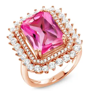 Gemstone Birthstone Halo Ring For Women | 18K Rose Gold Plated Silver | Emerald Cut 14X10MM | Wedding Anniversary Promise Statement Ring | Available In Size 5, 6, 7, 8, 9