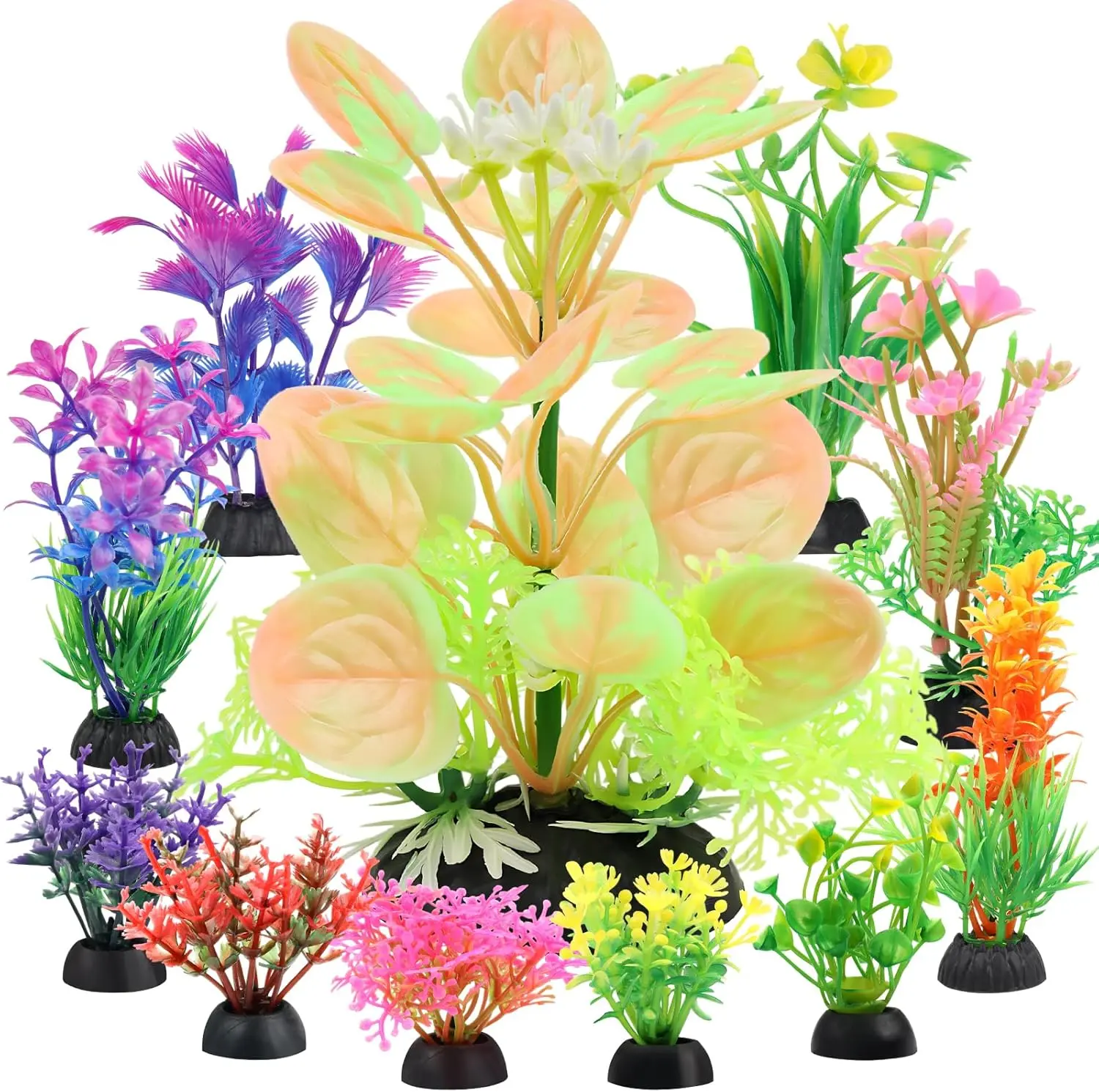 11-Count Realistic Synthetic Aquarium Plants Decorations - Colorful Plastic Grass (2in-5.5in), Fish Decorations for Tank, Aquarium Supplies, Plantable in Freshwater & Seawater for Fish & Turtle Tanks