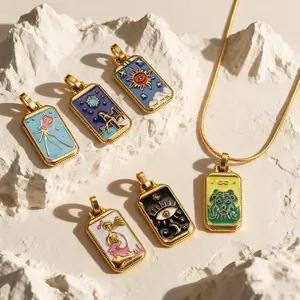 Mystical Tarot-Inspired Enamel Rectangle Pendant Necklace (Gold-Tone) | Fashionable | Stylish Jewelry | Unisex | Birthday & Holiday Gift