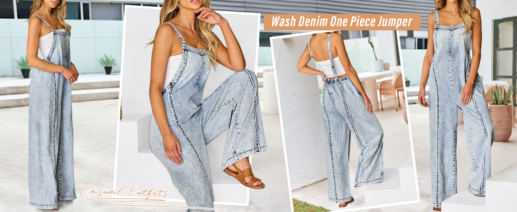 utcoco Women Loose Fit Denim Jumpsuit Adjustable Straps Wide Leg Long Pants Frayed Jean Overalls SpringStatements