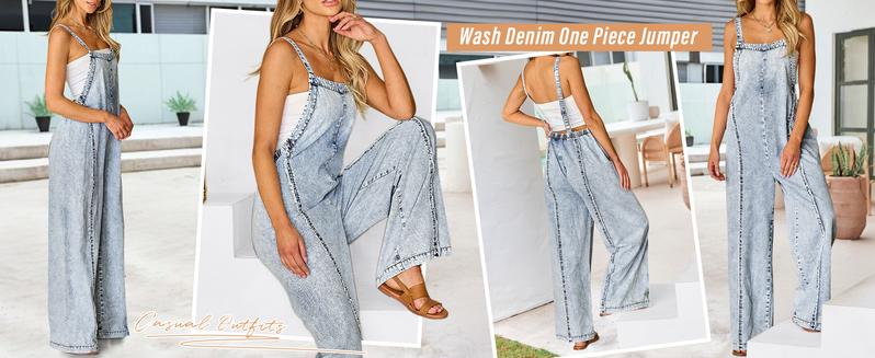 utcoco Women Loose Fit Denim Jumpsuit Adjustable Straps Wide Leg Long Pants Frayed Jean Overalls