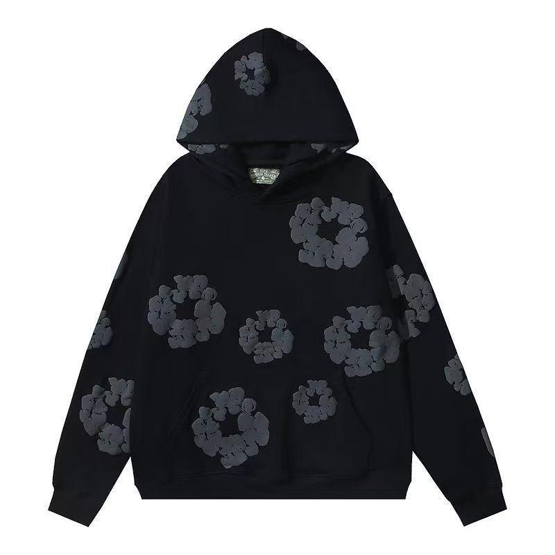 Floral Denim Hoody Trs Flower Pullover Hip Hop Unisex Streetwear Top Comf Casual Basic Long Sleeve Outfits ALL Black SpringFloral Floral