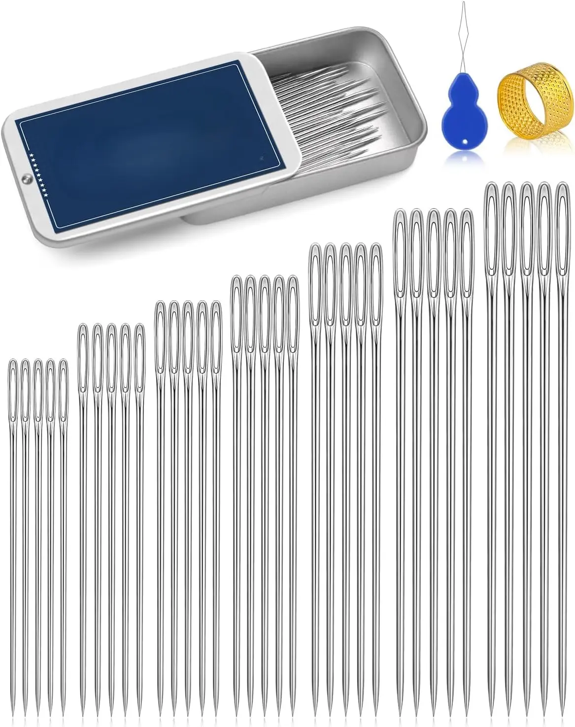 35Pcs Large Eye Sewing Needles, 7 Sizes Stainless Steel Needles for Hand Sewing, Leather, Embroidery, Repair, Quilting- Easy Threading with Threader, Thimble for Crafters, Seniors, Travelers