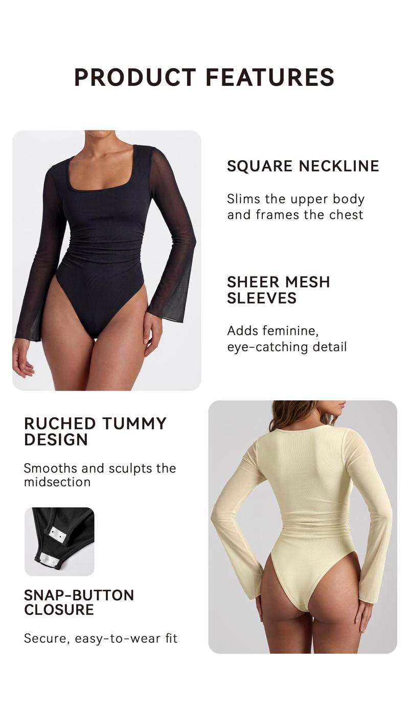 OQQ-Nine cents Women's Square Neck Body Suit Sheer Mesh Flared Long Sleeve Bodysuit Shirt Tops Womenswear Stretchy Fabric Shapewear Basic Slim