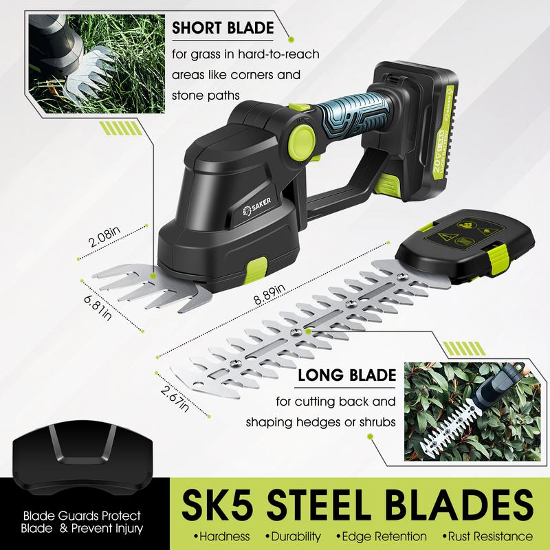 [ Valentine's Day gifts ] Saker Cordless Shrub Trimmer - 20v electric shrub Trimmer Hand-held grass trimmer with 2 rechargeable batteries and charger for garden, lawn, etc