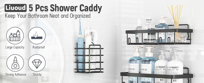 Caddy Shower Storage 5-Piece Set Self-Adhesive Stainless Steel Shelf No Drilling Required Rust-Resistant Bathroom Decor Accessories Pink Shampoo Body Wash Basket Showerhead Holder Installation Minimalist Hollow