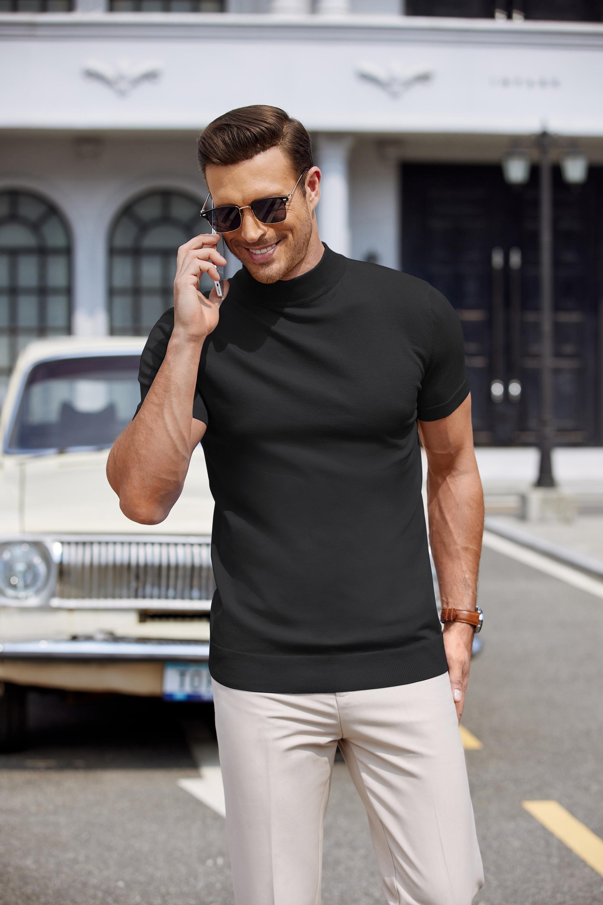 COOFANDY Mens Mock High Neck Sweater Short Sleeve Solid Color T-Shirts Basic Slim Fit Knitted Pullover Tees Casual Classic Menswear Festival Top Knitwear COOFANDY Mens Mock High Neck Sweater Short Sleeve Solid Color T-Shirts Basic Slim Fit Knitted Pullover Tees Casual Classic Menswear Festival Top Knitwear