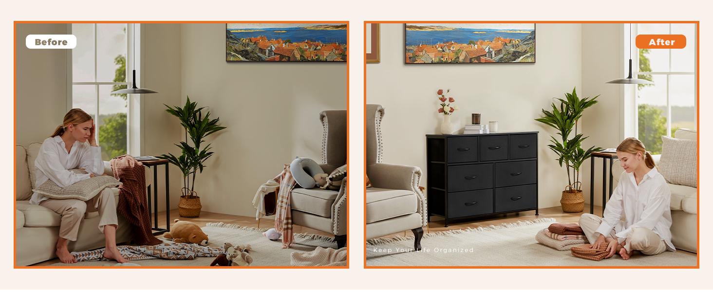 [LIVE] 7-Drawer Fabric Storage Dresser-Tall Organizer with Steel Frame, Wood Top-Chest with Bins for Bedroom, Closet, Entryway Cabinet Organization