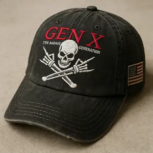 Gen X The Bad@ss Generation Embroidered Washed Dad Hat, Vintage Low Profile Cap, Skull Graphic Attitude Gift for Dad