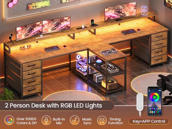 SEDETA 94.5 Inch 2 Person Gaming Desk Long Office Computer Desk with LED Lights 8 Storage Drawers Power Outlet