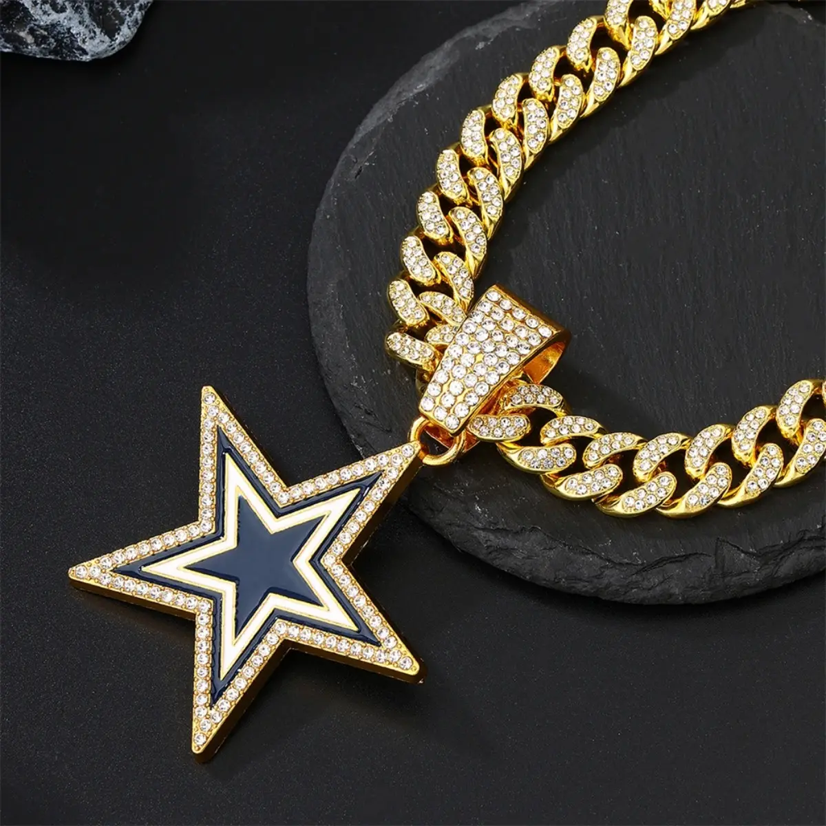 Hip Hop Blue Crystal Cuban Chain Necklace for Men Women Iced Out Star Pendant with Simulated Gem Inlay Shiny Oil Drop Design Bling Bling Statement Jewelry Gift Idea