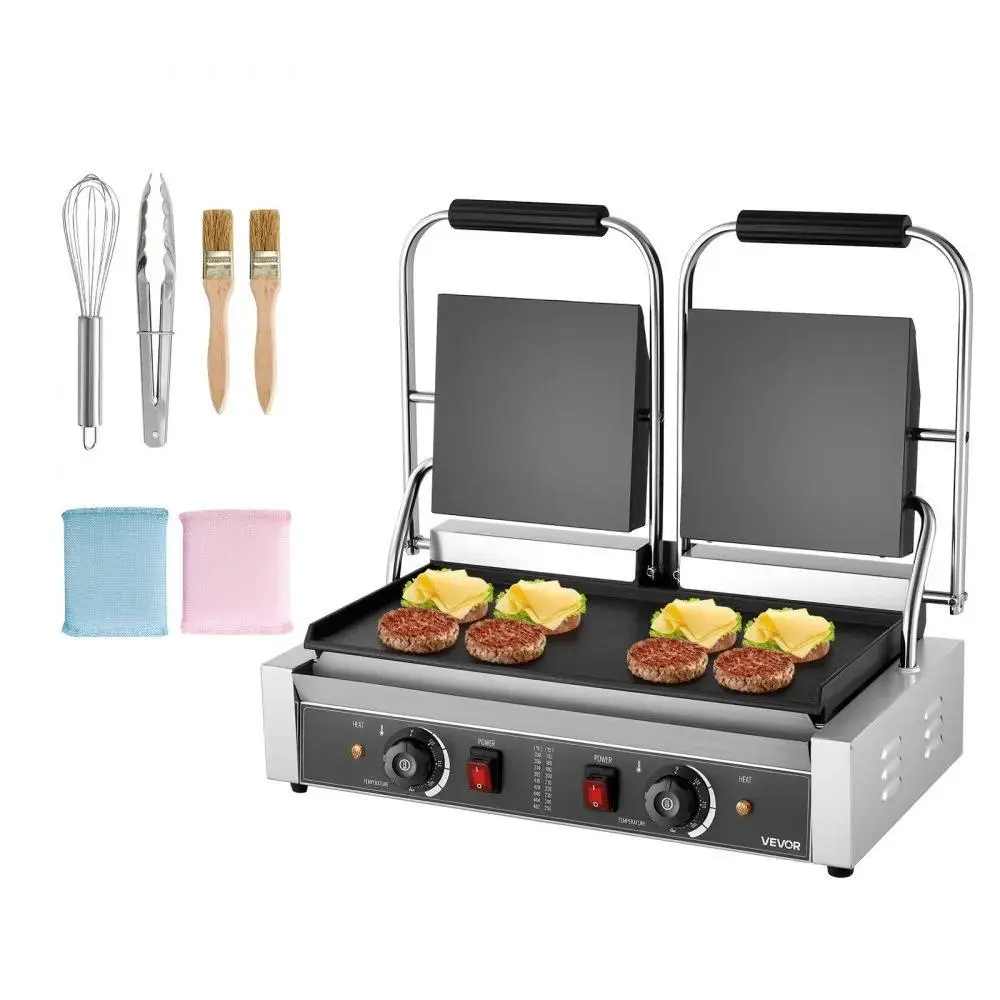 【Backtoschool】VEVOR Commercial Panini Grill,  , 3600W Electric Sandwich Panini Maker, Stainless Steel Double Sandwichs Press with Handle and Temp Control, 19x9 in Full Flat Enamel Plate, for Hamburger Steak Bacon