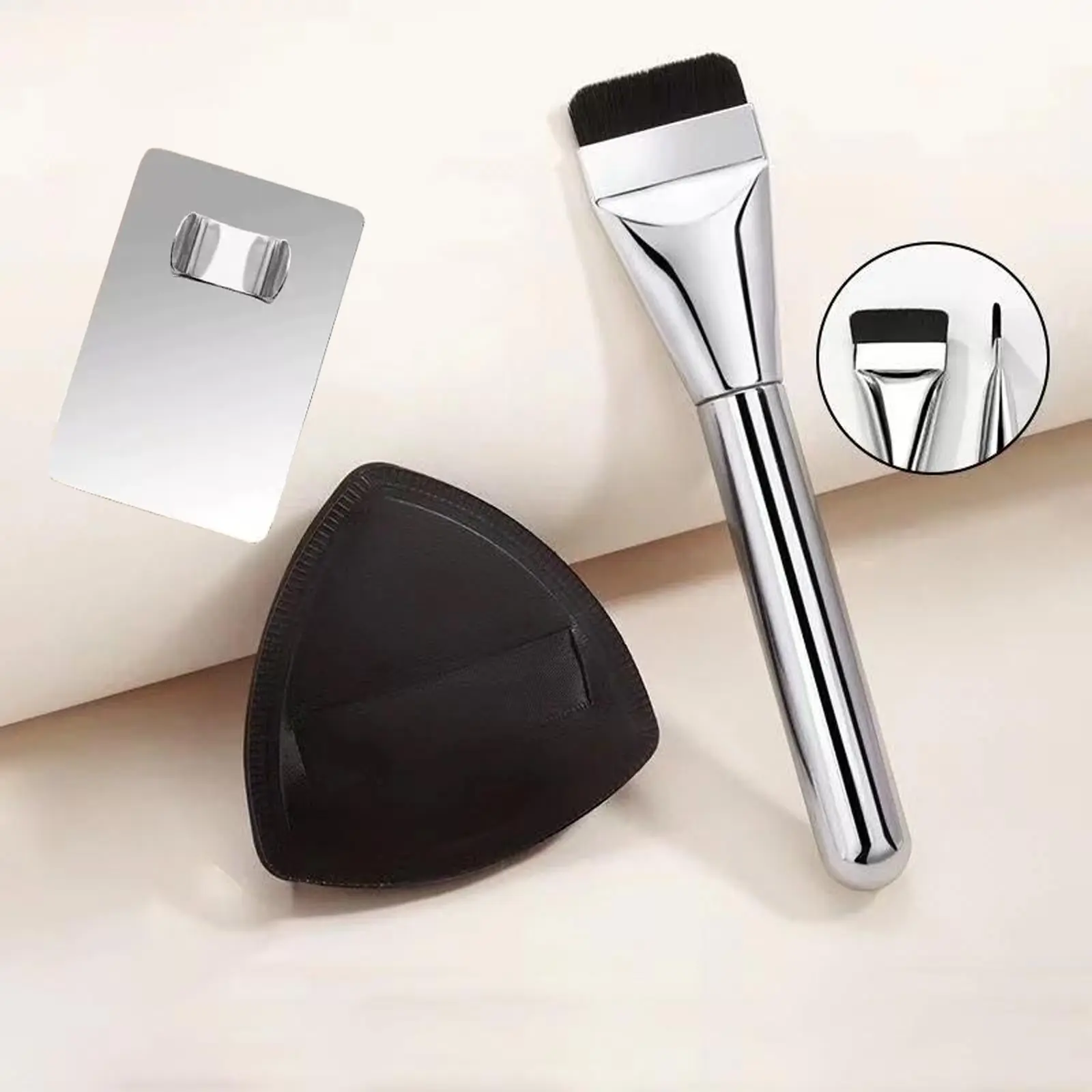 Lightweight Complexion Brush Set - 2-in-1 Ultra Thin Foundation & Professional Flat Powder Tool with Black Air Cushion Sponge for Flawless Face Makeup Application, Face Makeup Brushes, Flawless Finish