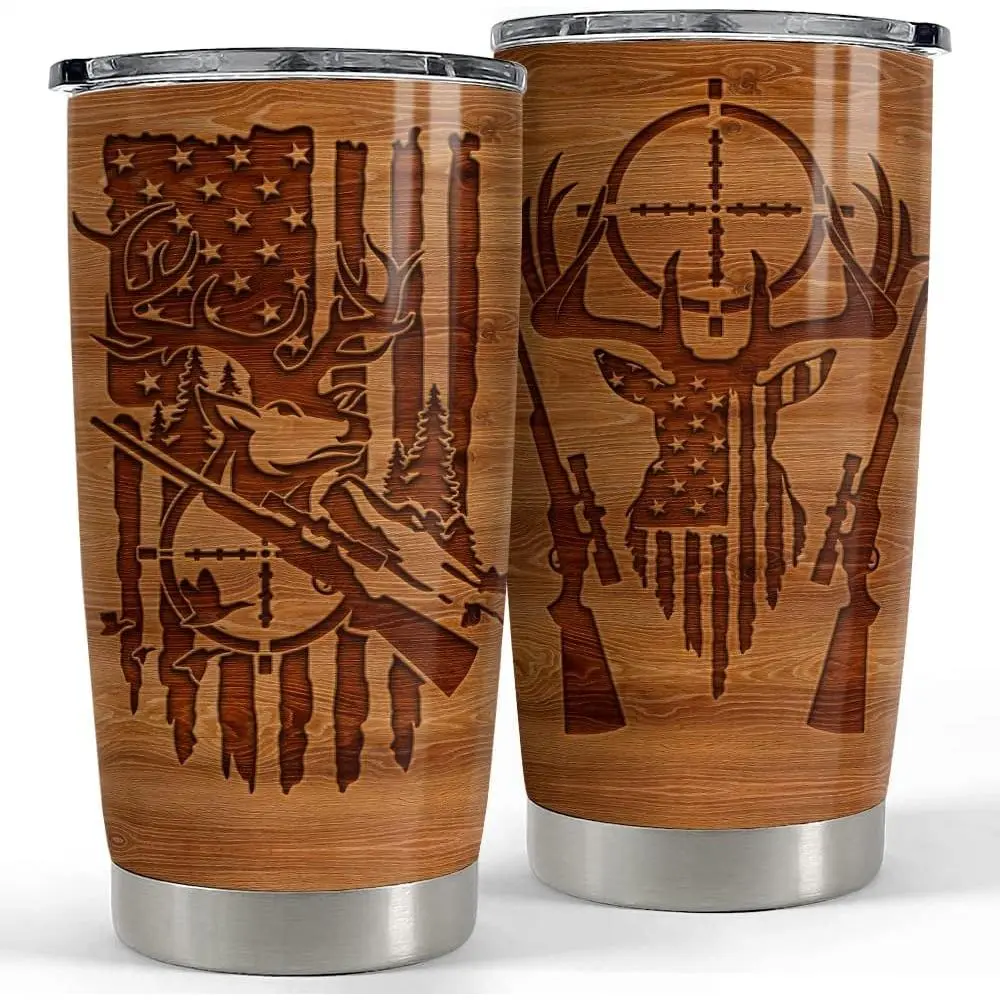 20oz Stainless Steel Insulated Hunting Tumbler - Wood-Style American Flag, Portable Vacuum Flask Coffee Mug with Lid, Men's Gift for Christmas, Birthday