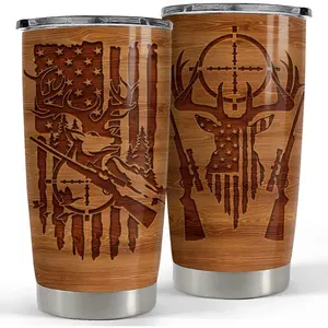 Hunting Tumbler Wood Style American Flag 20oz Tumblers with Lid Gift for Men Dad Best Friends Hunting Lovers Christmas Birthday Fathers Day