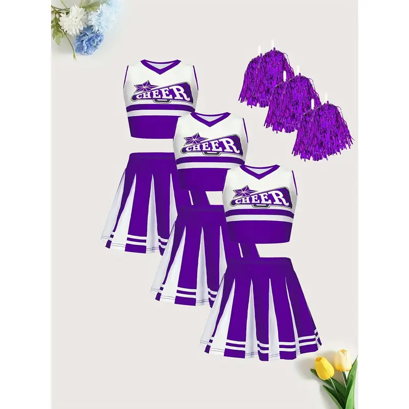 Three-piece Children's Cheerleading Outfit Rugby Cheerleader Includes POM-POMs for Game Cheering