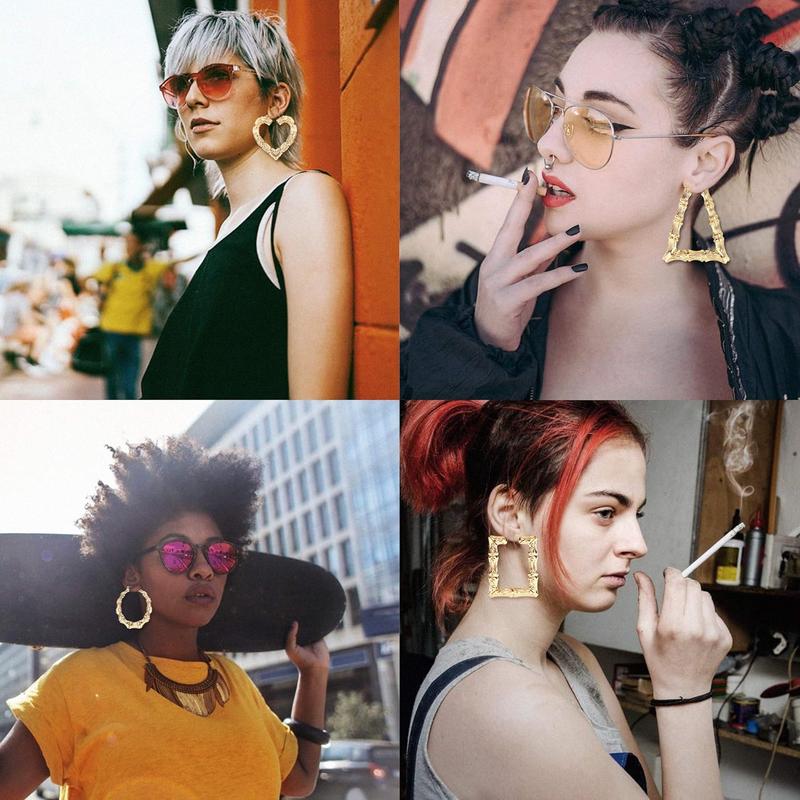 Jstyle 4 Pairs Bamboo Hoop Earrings for Women Large Heart Square Geometric Earrings Oversized Bamboo Hoop Earrings Set Hip-Pop Jewelry Fashion Party Costume Accessory Daily