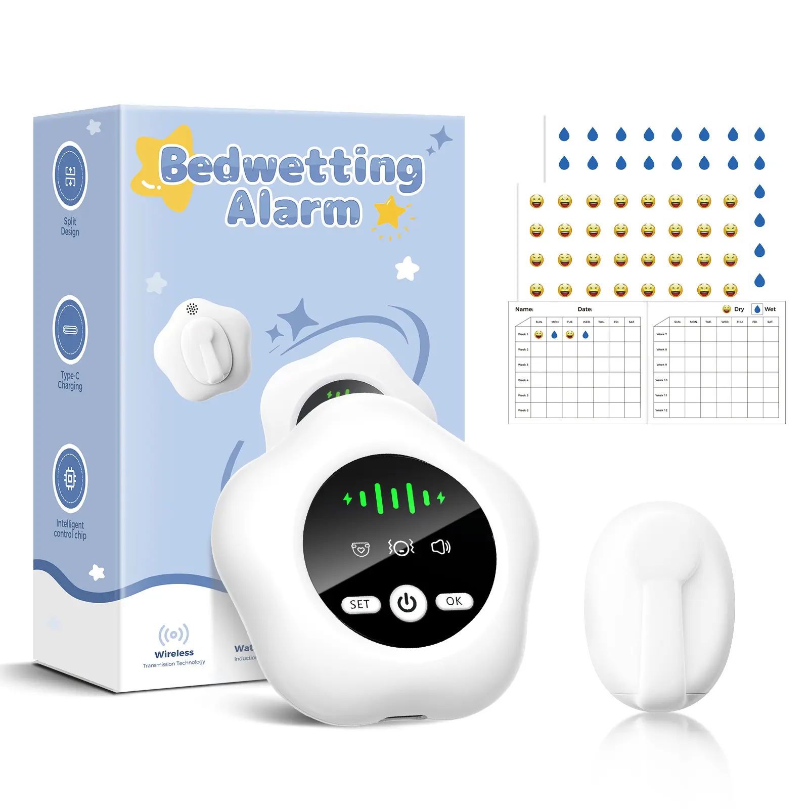 2026 New Bed Wetting Alarm for Boys and Girls, Compact & Comfortable Wireless Sensor, USB-C Rechargeable Bedwetting Alarm with 3 Working Modes, White