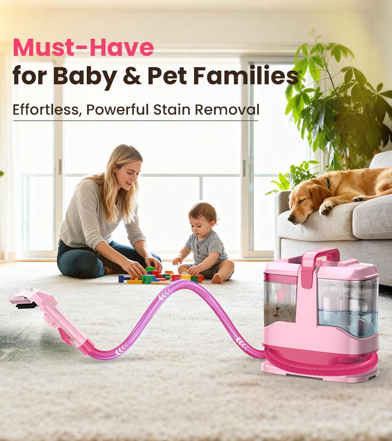 [Springglowup] Upholstery Carpet Vacuum Cleaner, 18KPa Suction Spot Cleaning Machine for Pet Stains, Carpets, Sofa, Car Seats, Mattress, with 3 Multipurpose Cleaning Tools, 6'' Deep Cleaning Brush | Portable 3-in-1 Little Pink C9S