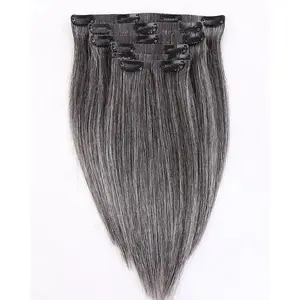 Salt Pepper Seamless PU Clip In Hair Extensions Straight Real Human Hair Clip ins for Women 100g 7Pcs Skin Weft Gray Hair Color Clip Ins Human Hair