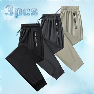 1-3PCS Ice Silk Sports Pants with Drawstrings  Casual Elastic Sweatpants  Waistband Zippered Pockets Thin High- Quick-Dry Fitness Trousers Skin-Friendly Smooth Soft Fabric for Indoor Sports & Summer Outdoor Activities Breathable Athletic Bottoms