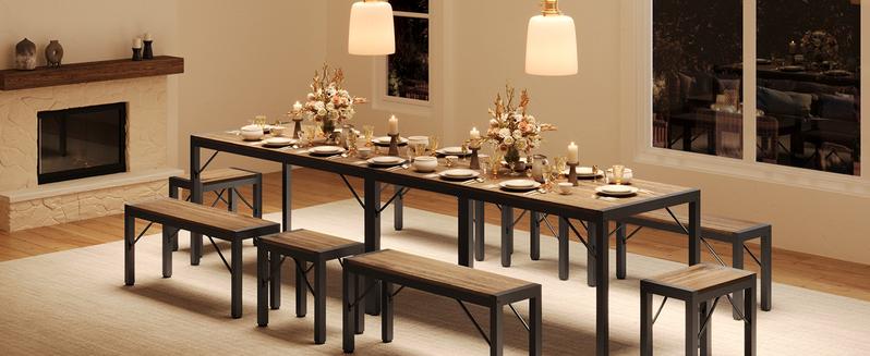 Gizoon Dining Room Table Set for 2/4/6, Kitchen Table with 2/4 Benches and 2/4 Stools, Dining Table Set with Metal Frame, Space-Saving Kitchen Table Set for Apartment, Grey