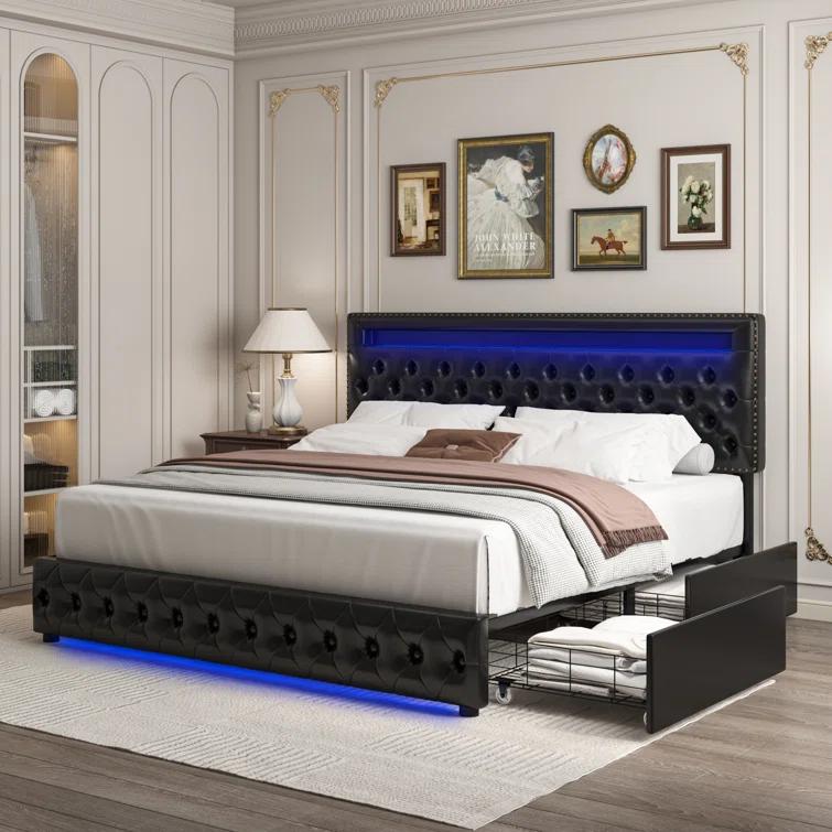 GEGOFORU Full LED Storage Bed Frame with 4 Drawers, RGB Upholstered Headboard with APP Control & Music Sync, Adjustable Headboard, No Box Spring Needed