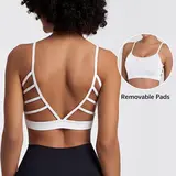 OYV Women's Backless Strappy Sports Bra, Removable Padded Low Impact Yoga Bra, Open Back Workout Crop Top for Gym Pilates Running