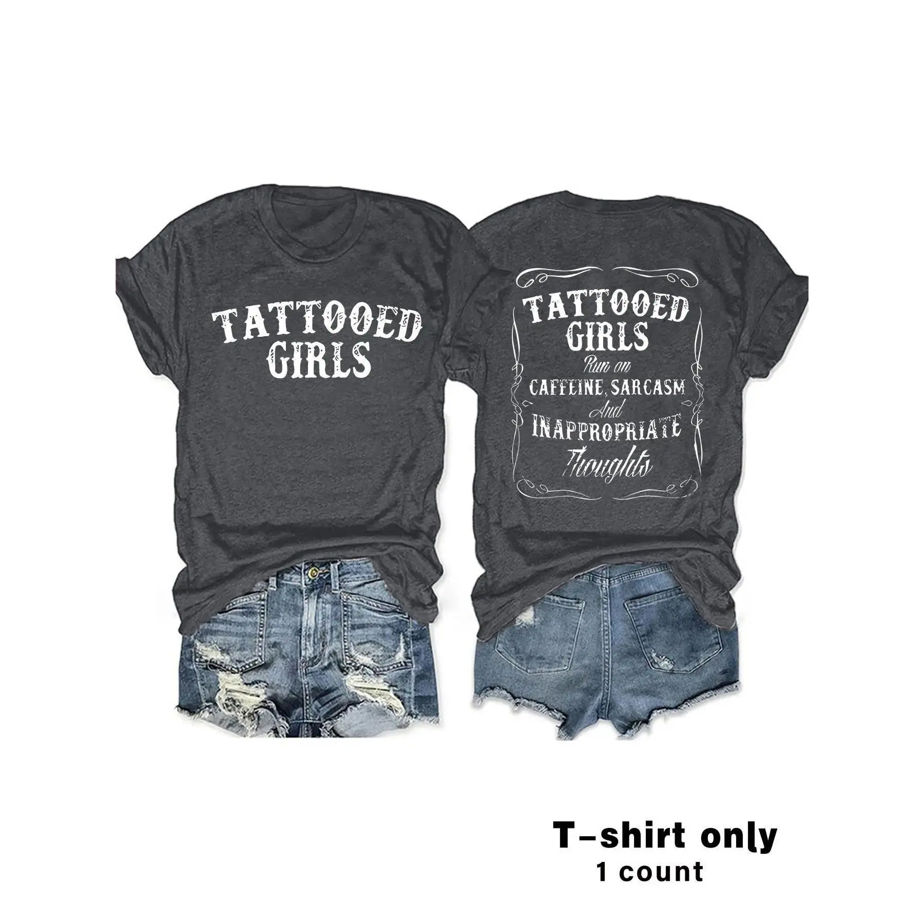 Women's Tattooed Girls Print Round Neck Shortsleeve Tee - Vintage Minimalist Casual Chic Top for Daily Summer Streetwear