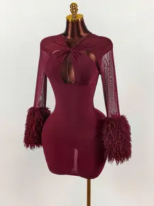 Y2K Women's Wine Red Furry Mesh Patchwork Criss-Cross Bust Mini Dress For Women, Party, Autumn/Winter Thanksgiving And New Year,Red Dress,Christmas,New Year Dress,Red Dresses For Women,Christmas Dresses For Women