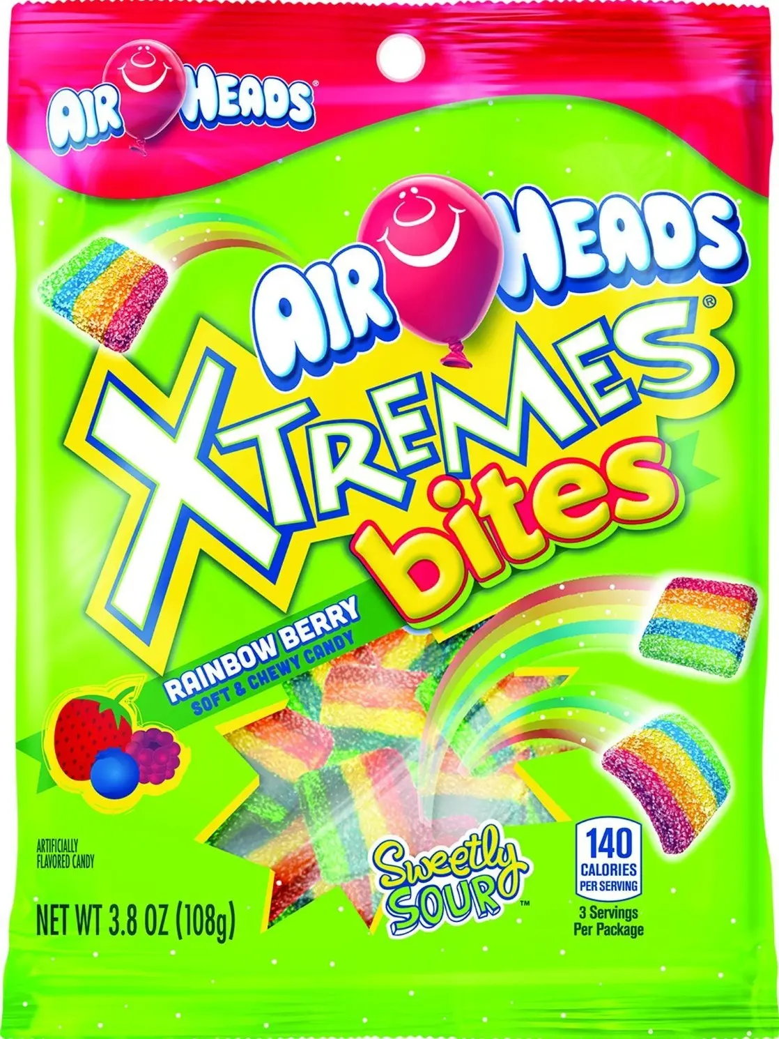 Xtremes Bites 6-Berry Sweet-Sour Mixed Fruits Snack Candy - Cherry, Watermelon Zing, Strawberry Flavors, 3.8 oz, Allergy-Considered, Airheads-Included Mix, Office/Party Snacks, Party-Ready Bag (00073390678371)