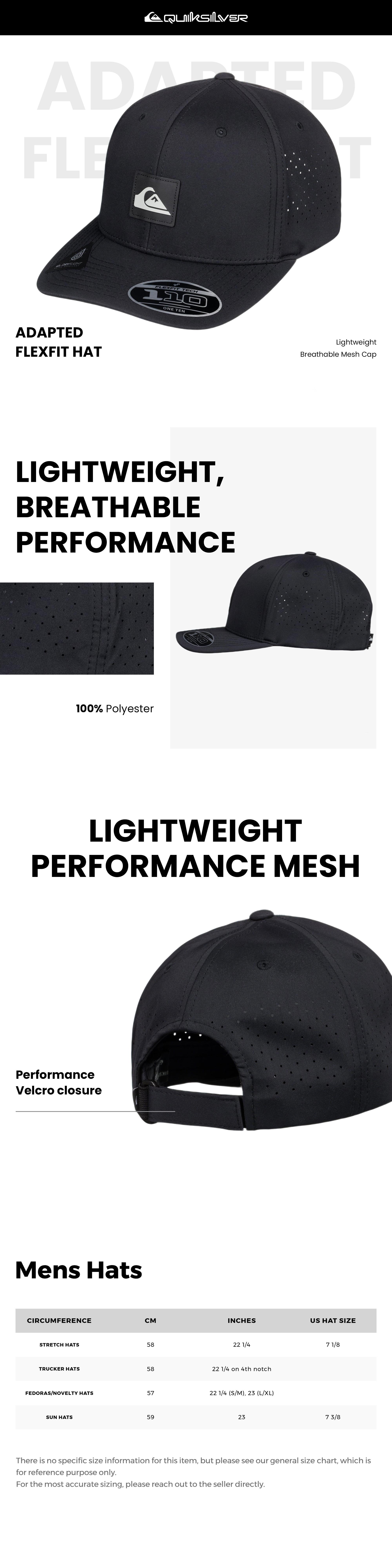 Quiksilver | Adapted Flexfit Hat | Lightweight Breathable Mesh Cap | Adjustable Velcro Closure for Running, Beach, Summer Outdoor Sports | Black