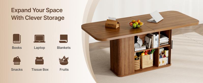 SUNCOZE 70.9" Fluted Dining Table, Rectangle Dining Table for 4–8, with Sliding Tambour Doors, for Dining Room or Kitchen