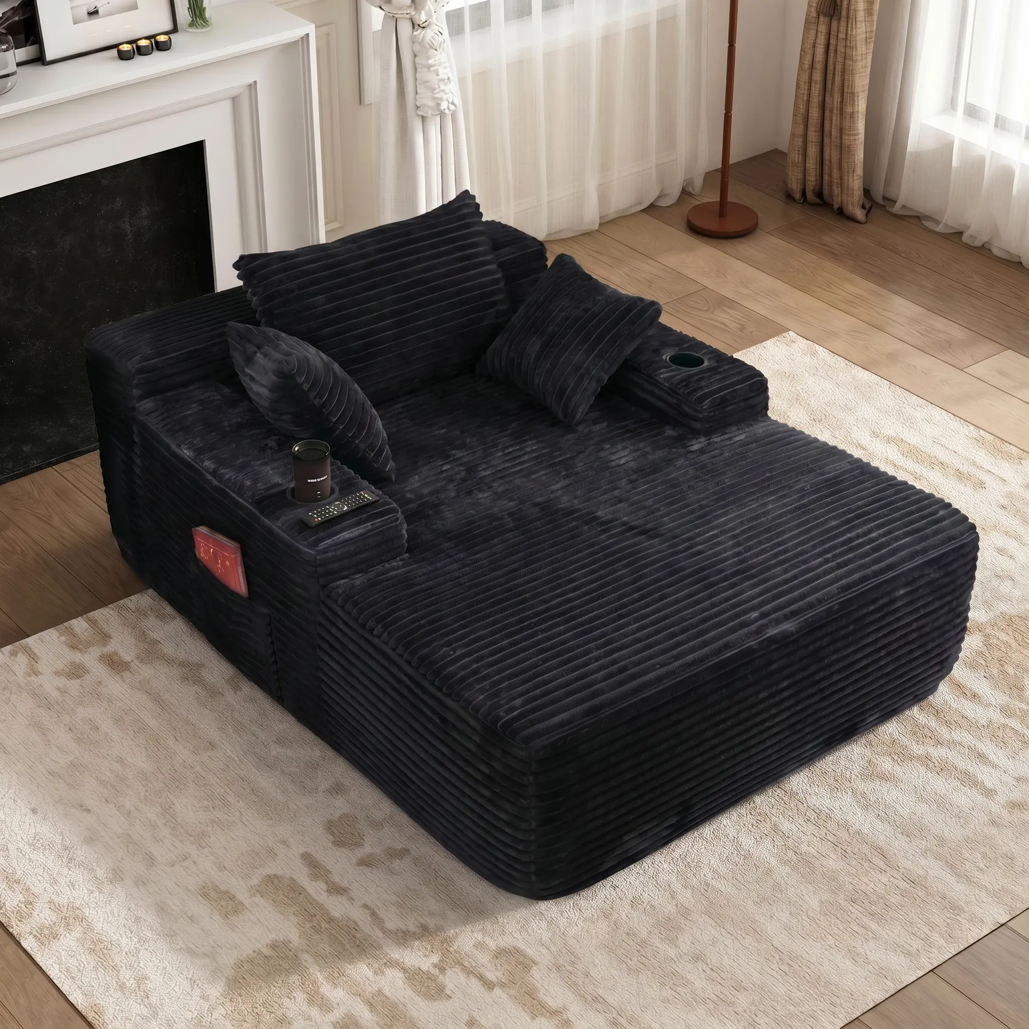 YOMSUM Boneless Sectional Cloud Couch Bed with Chaise Lounge - Plush Corduroy Apartment Furniture, 1200lbs Capacity, Cup Holder, Storage, No Assembly, Included Pillows, Bean Bag Chair Comfort, Living Room Sofa,dorm essentials,home decor